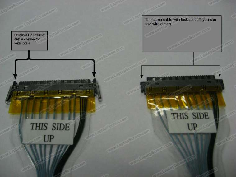 A sinistra: Loriginale connettore del cavo video Dell. A destra: Lo stesso cavo con i morsetti tagliati (si può utilizzare una tagliafili). 